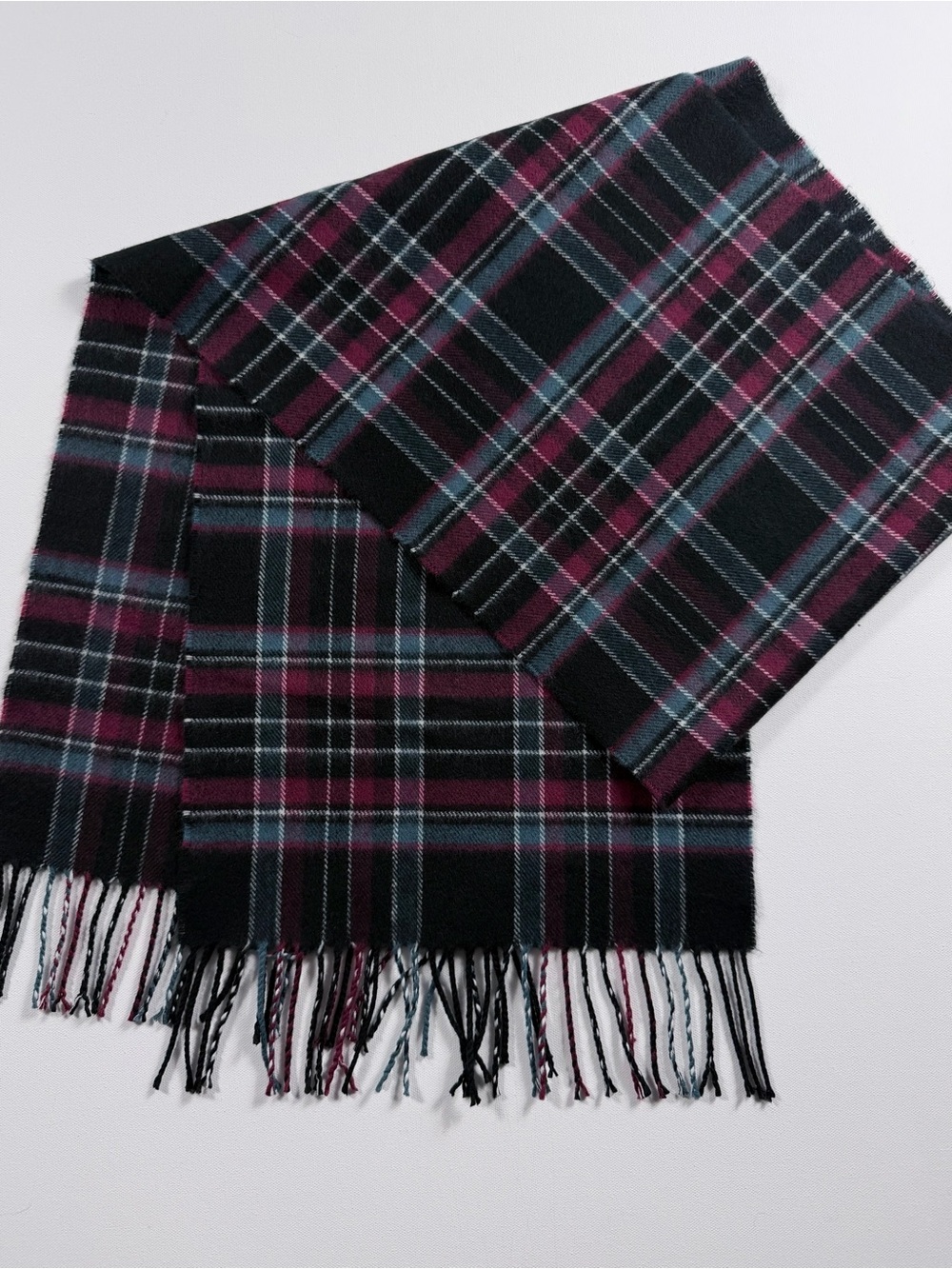 100% Cashmere Tartan Plaid Scarf Made in Scotland Burgundy Black Quiet Luxury